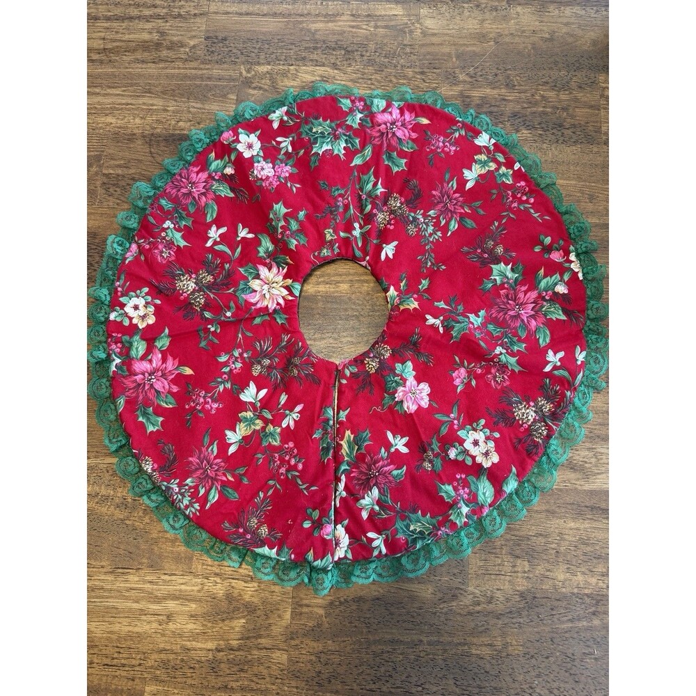 Christmas Tree Skirt Cottagecore Reversible Poinsettia Floral Table Top Handmade